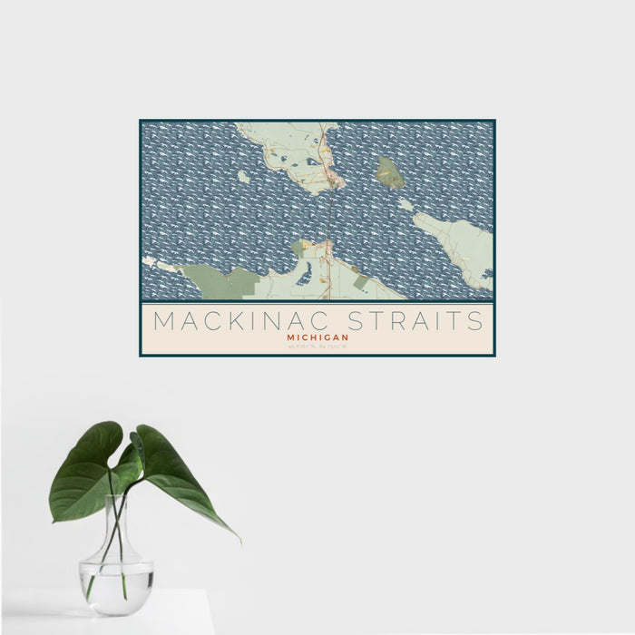 16x24 Mackinac Straits Michigan Map Print Landscape Orientation in Woodblock Style With Tropical Plant Leaves in Water