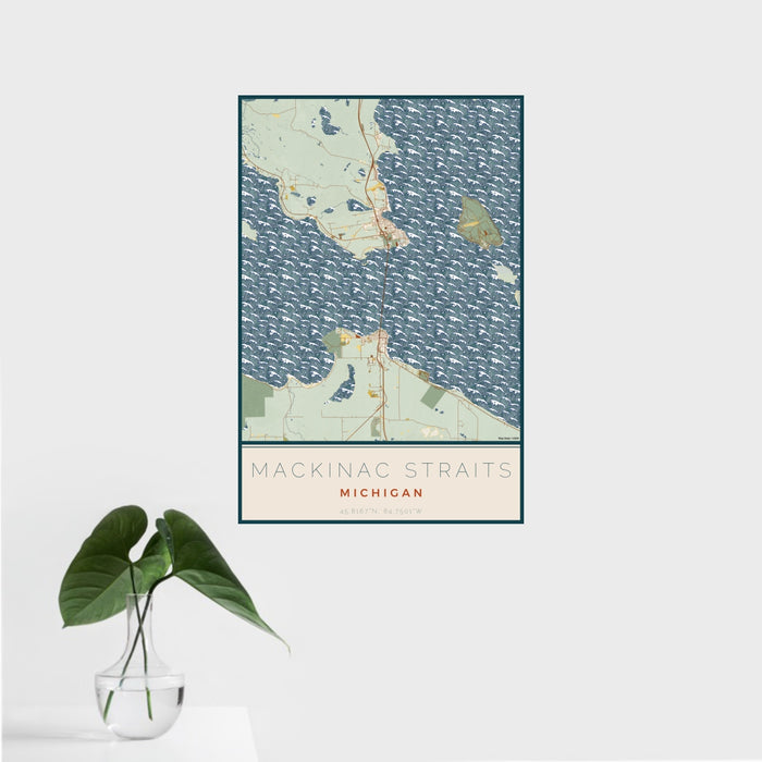 16x24 Mackinac Straits Michigan Map Print Portrait Orientation in Woodblock Style With Tropical Plant Leaves in Water