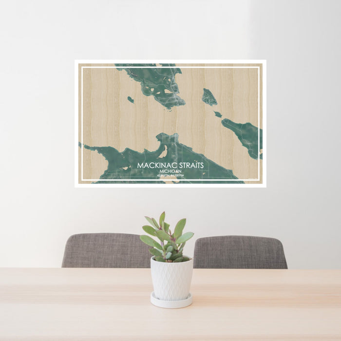 24x36 Mackinac Straits Michigan Map Print Lanscape Orientation in Afternoon Style Behind 2 Chairs Table and Potted Plant