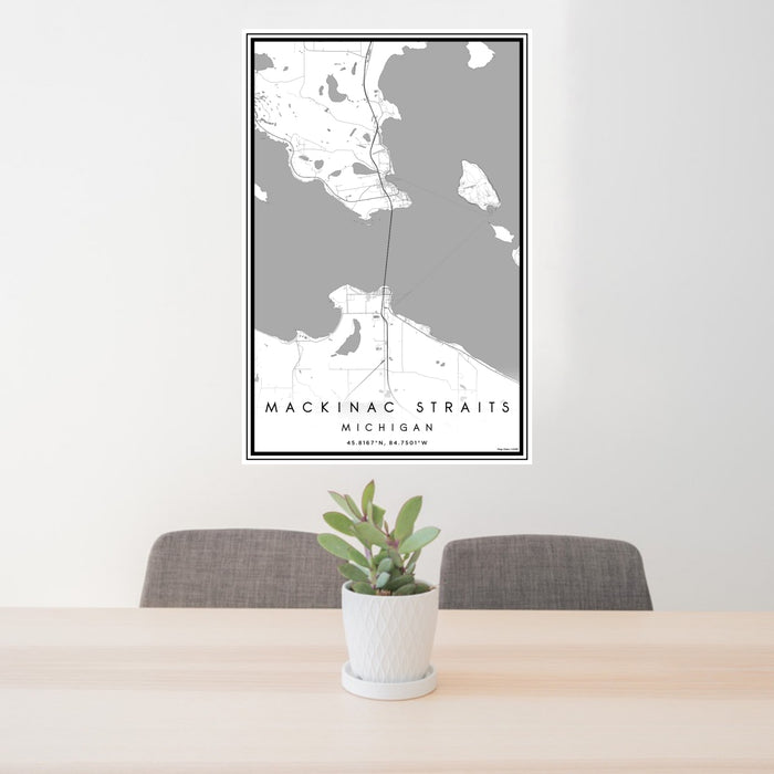 24x36 Mackinac Straits Michigan Map Print Portrait Orientation in Classic Style Behind 2 Chairs Table and Potted Plant