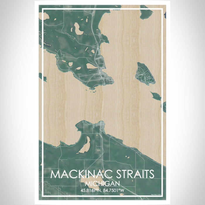 Mackinac Straits Michigan Map Print Portrait Orientation in Afternoon Style With Shaded Background