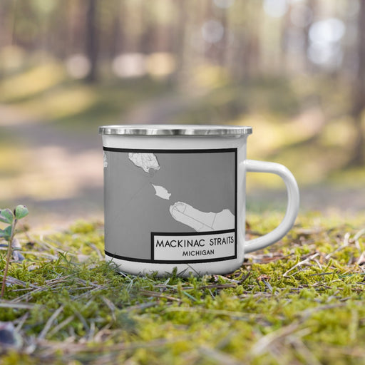 Right View Custom Mackinac Straits Michigan Map Enamel Mug in Classic on Grass With Trees in Background