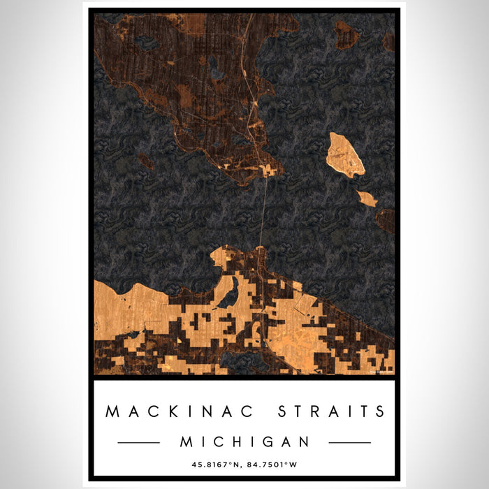 Mackinac Straits Michigan Map Print Portrait Orientation in Ember Style With Shaded Background