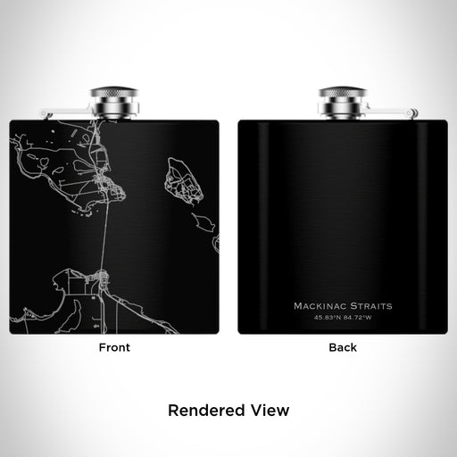 Rendered View of Mackinac Straits Michigan Map Engraving on 6oz Stainless Steel Flask in Black