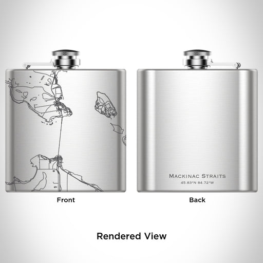 Rendered View of Mackinac Straits Michigan Map Engraving on 6oz Stainless Steel Flask