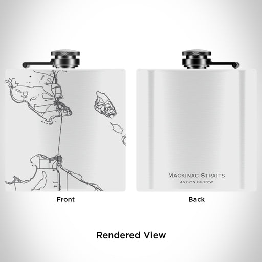 Rendered View of Mackinac Straits Michigan Map Engraving on 6oz Stainless Steel Flask in White