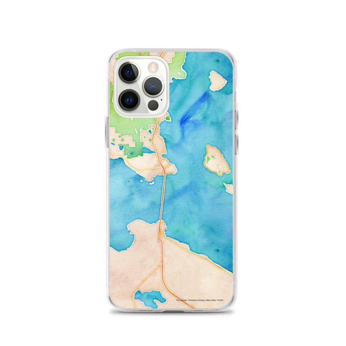 Custom iPhone 12 Pro Mackinac Straits Michigan Map Phone Case in Watercolor
