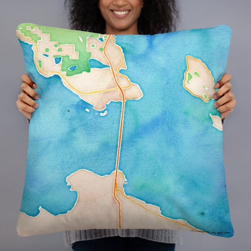 Person holding 22x22 Custom Mackinac Straits Michigan Map Throw Pillow in Watercolor