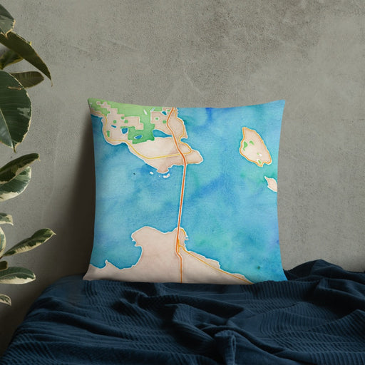 Custom Mackinac Straits Michigan Map Throw Pillow in Watercolor on Bedding Against Wall