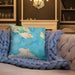 Custom Mackinac Straits Michigan Map Throw Pillow in Watercolor on Cream Colored Couch