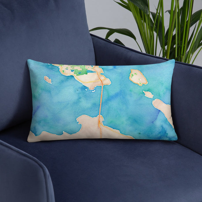 Custom Mackinac Straits Michigan Map Throw Pillow in Watercolor on Blue Colored Chair
