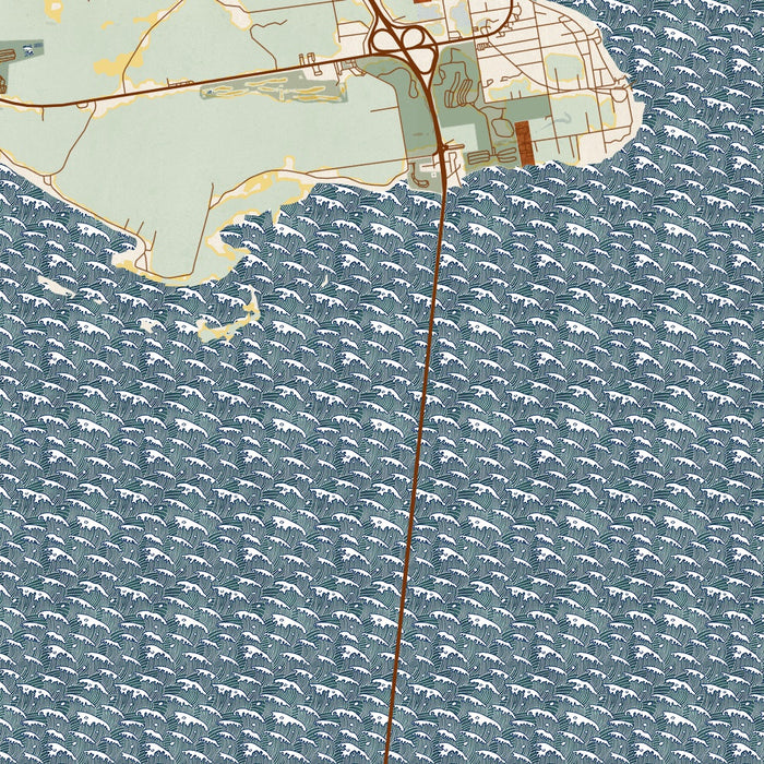 Mackinac Straits Michigan Map Print in Woodblock Style Zoomed In Close Up Showing Details