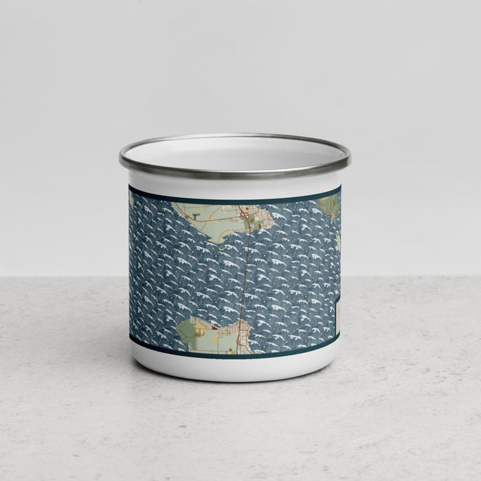 Front View Custom Mackinac Straits Michigan Map Enamel Mug in Woodblock