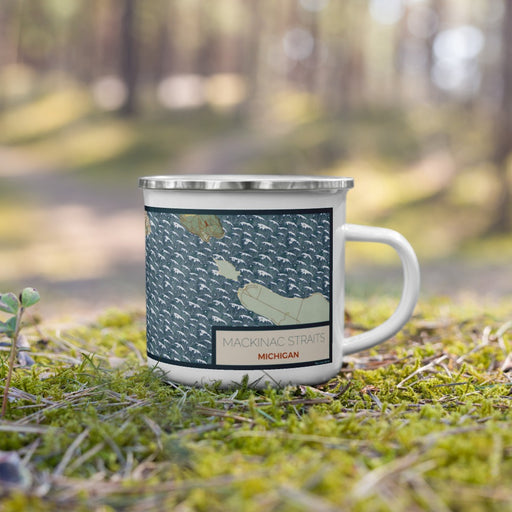 Right View Custom Mackinac Straits Michigan Map Enamel Mug in Woodblock on Grass With Trees in Background
