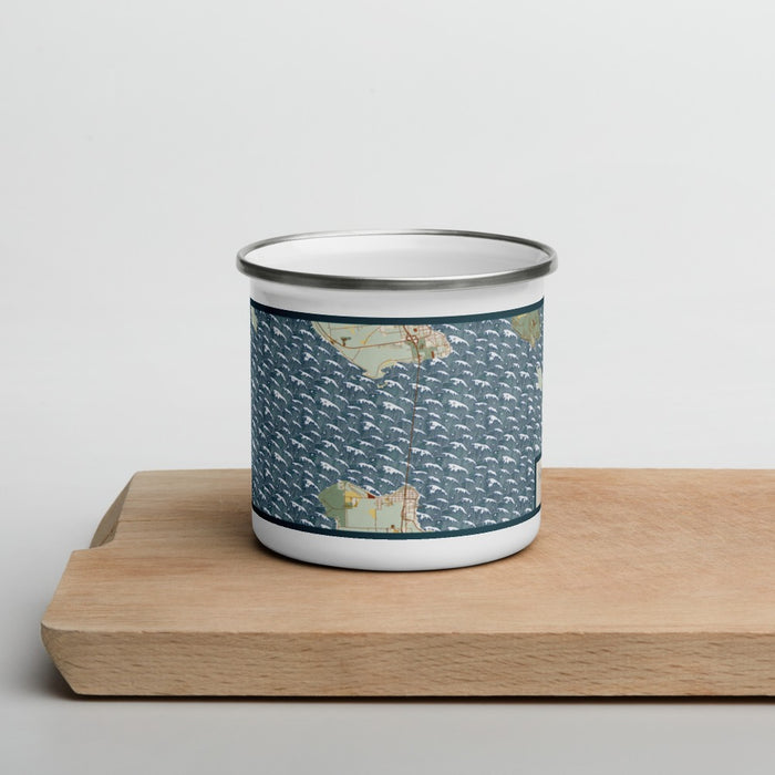 Front View Custom Mackinac Straits Michigan Map Enamel Mug in Woodblock on Cutting Board