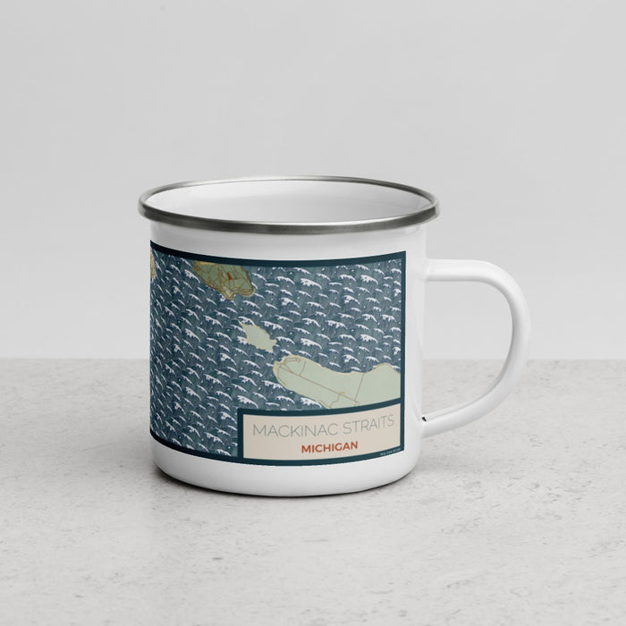 Right View Custom Mackinac Straits Michigan Map Enamel Mug in Woodblock