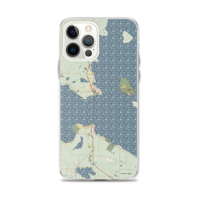 Custom iPhone 12 Pro Max Mackinac Straits Michigan Map Phone Case in Woodblock