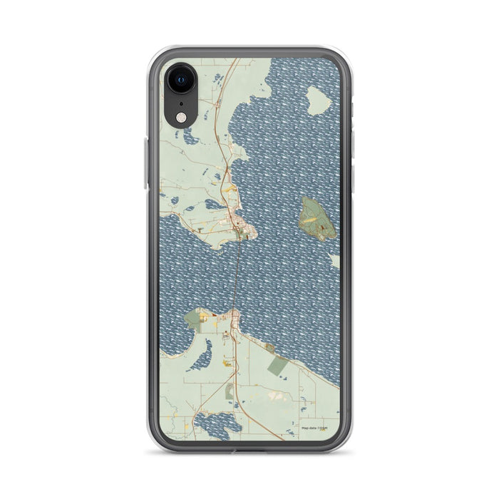 Custom iPhone XR Mackinac Straits Michigan Map Phone Case in Woodblock