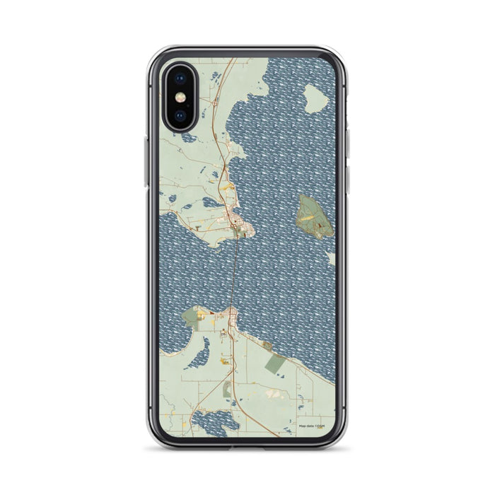 Custom iPhone X/XS Mackinac Straits Michigan Map Phone Case in Woodblock