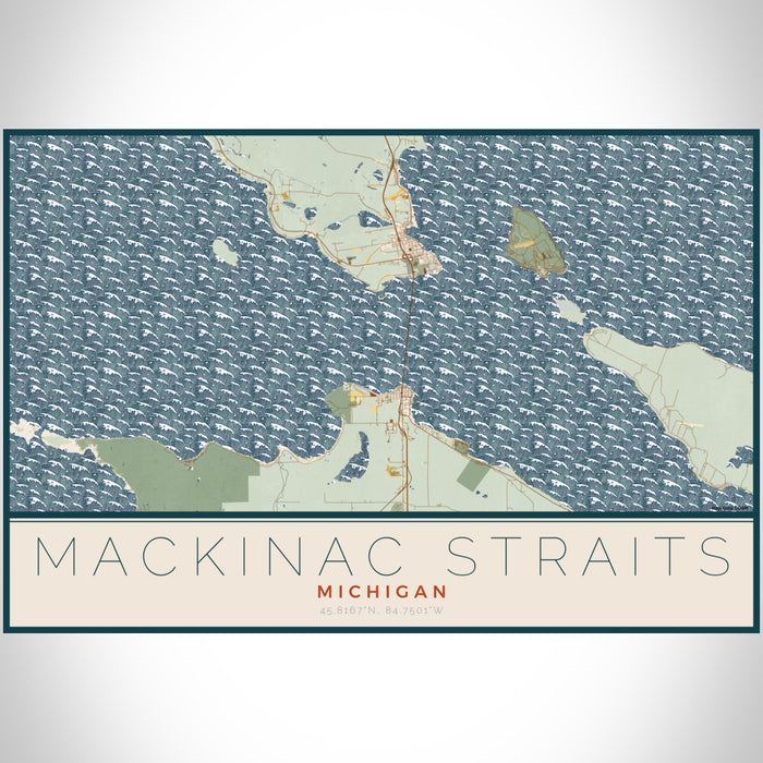 Mackinac Straits Michigan Map Print Landscape Orientation in Woodblock Style With Shaded Background