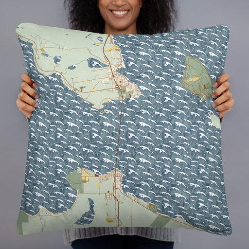 Person holding 22x22 Custom Mackinac Straits Michigan Map Throw Pillow in Woodblock