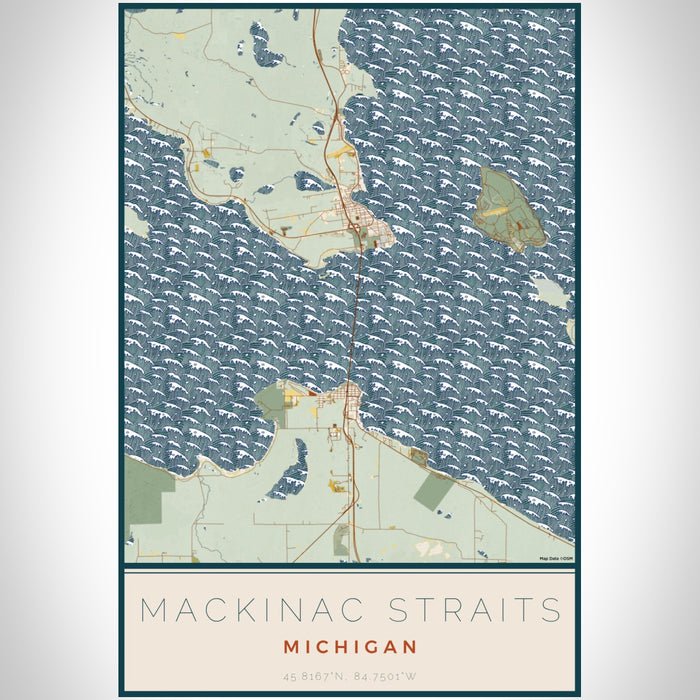 Mackinac Straits Michigan Map Print Portrait Orientation in Woodblock Style With Shaded Background