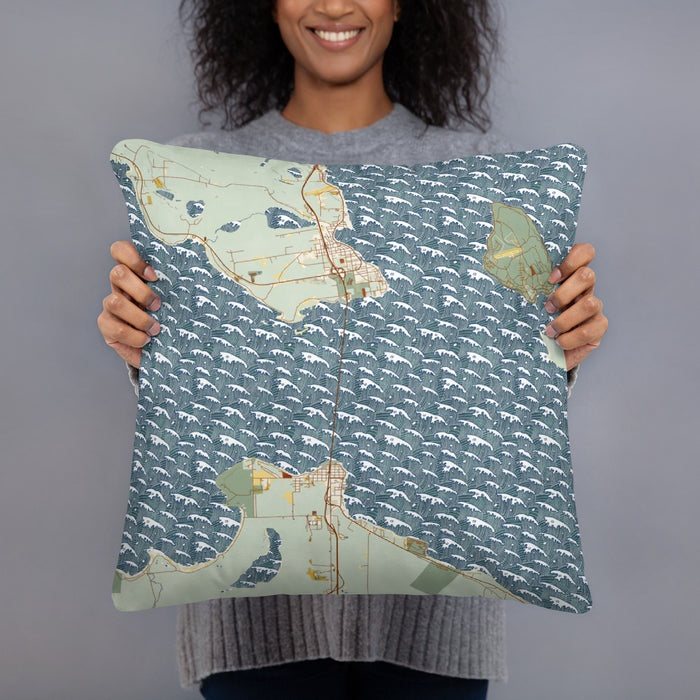 Person holding 18x18 Custom Mackinac Straits Michigan Map Throw Pillow in Woodblock