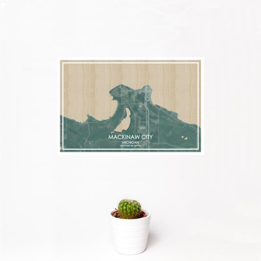 12x18 Mackinaw City Michigan Map Print Landscape Orientation in Afternoon Style With Small Cactus Plant in White Planter