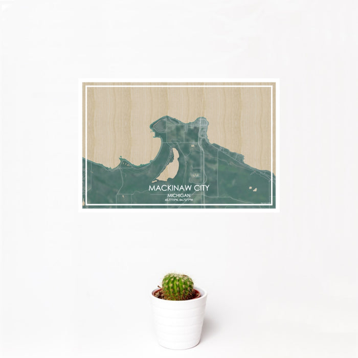 12x18 Mackinaw City Michigan Map Print Landscape Orientation in Afternoon Style With Small Cactus Plant in White Planter
