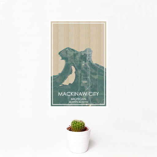 12x18 Mackinaw City Michigan Map Print Portrait Orientation in Afternoon Style With Small Cactus Plant in White Planter