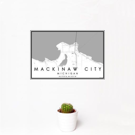 12x18 Mackinaw City Michigan Map Print Landscape Orientation in Classic Style With Small Cactus Plant in White Planter