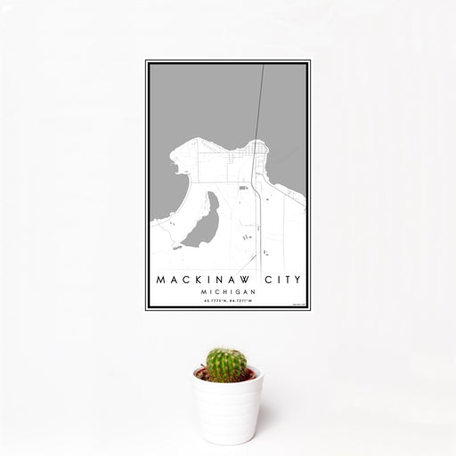 12x18 Mackinaw City Michigan Map Print Portrait Orientation in Classic Style With Small Cactus Plant in White Planter