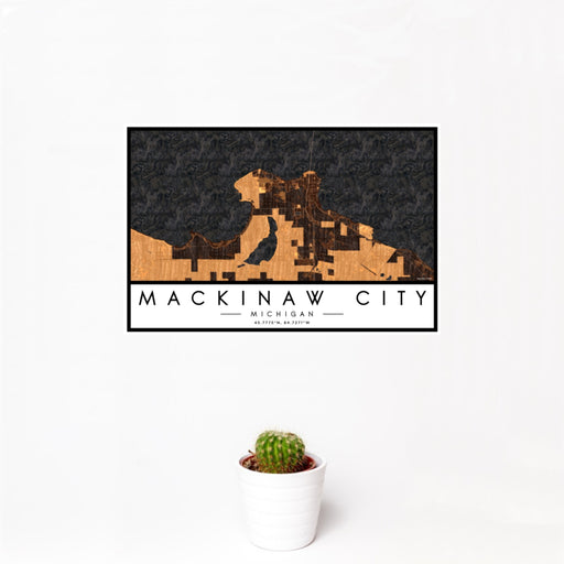 12x18 Mackinaw City Michigan Map Print Landscape Orientation in Ember Style With Small Cactus Plant in White Planter
