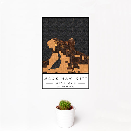 12x18 Mackinaw City Michigan Map Print Portrait Orientation in Ember Style With Small Cactus Plant in White Planter