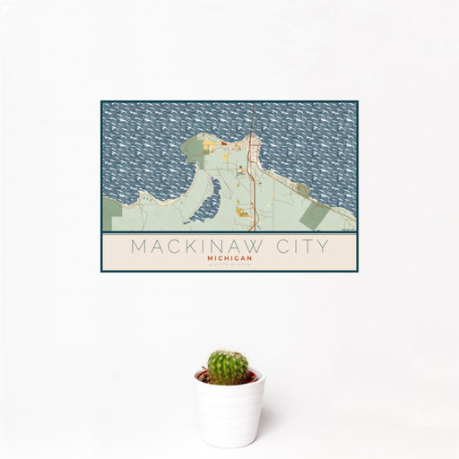 12x18 Mackinaw City Michigan Map Print Landscape Orientation in Woodblock Style With Small Cactus Plant in White Planter
