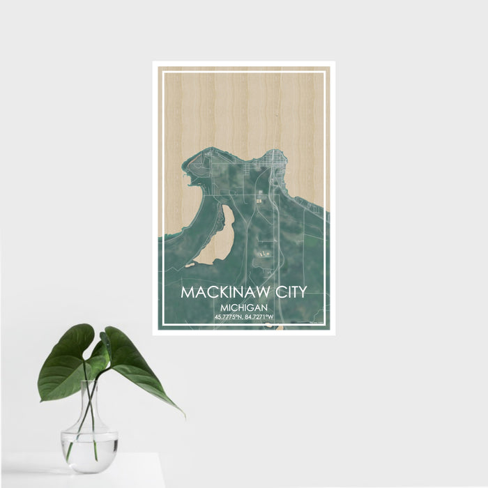 16x24 Mackinaw City Michigan Map Print Portrait Orientation in Afternoon Style With Tropical Plant Leaves in Water