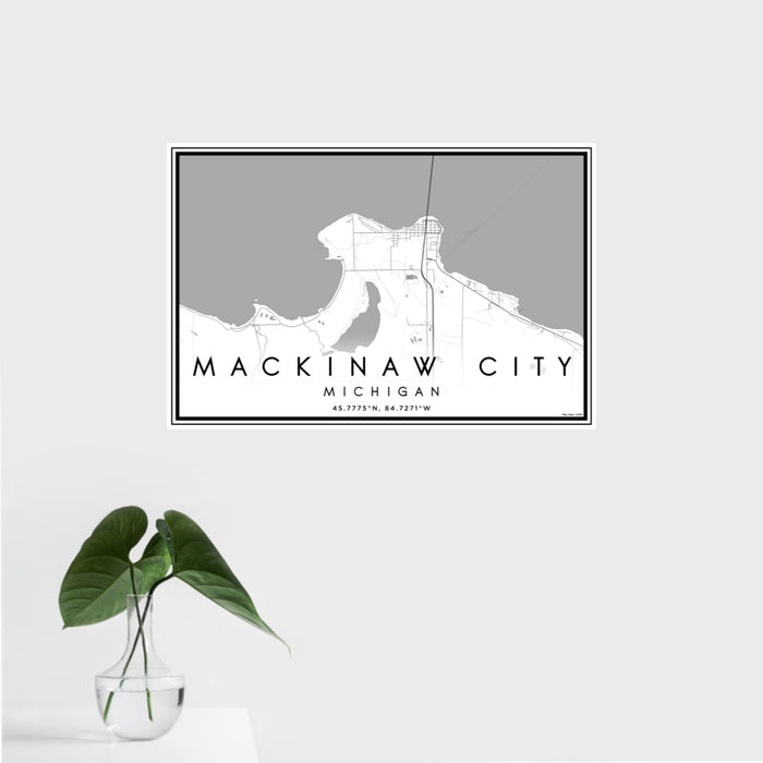 16x24 Mackinaw City Michigan Map Print Landscape Orientation in Classic Style With Tropical Plant Leaves in Water
