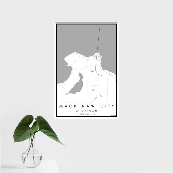 16x24 Mackinaw City Michigan Map Print Portrait Orientation in Classic Style With Tropical Plant Leaves in Water