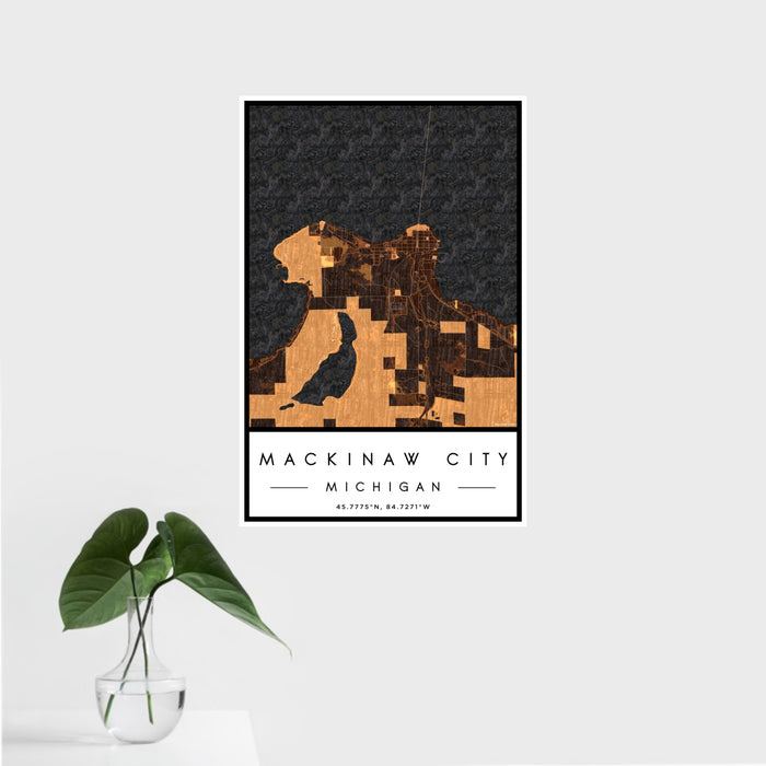 16x24 Mackinaw City Michigan Map Print Portrait Orientation in Ember Style With Tropical Plant Leaves in Water