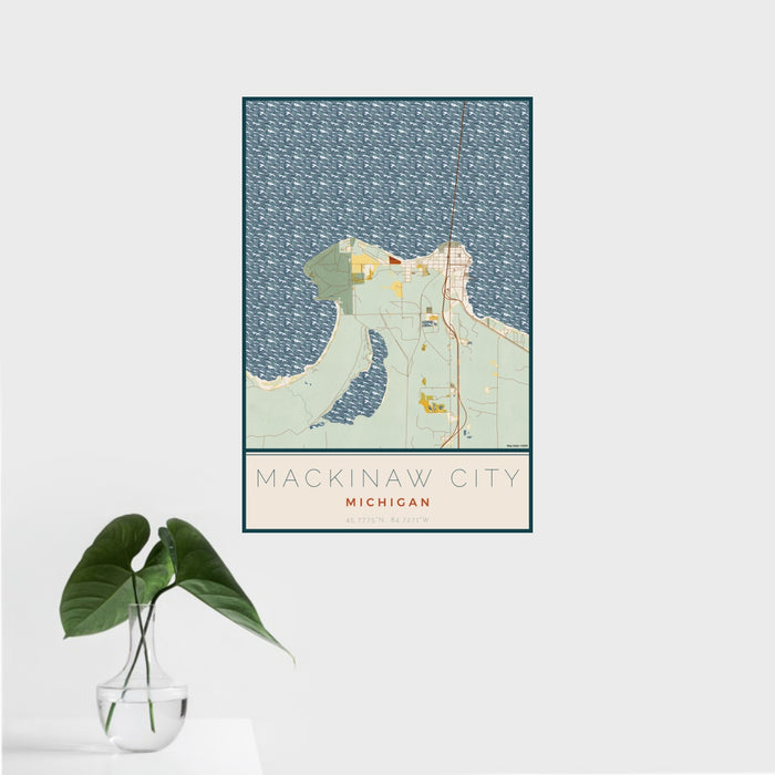 16x24 Mackinaw City Michigan Map Print Portrait Orientation in Woodblock Style With Tropical Plant Leaves in Water