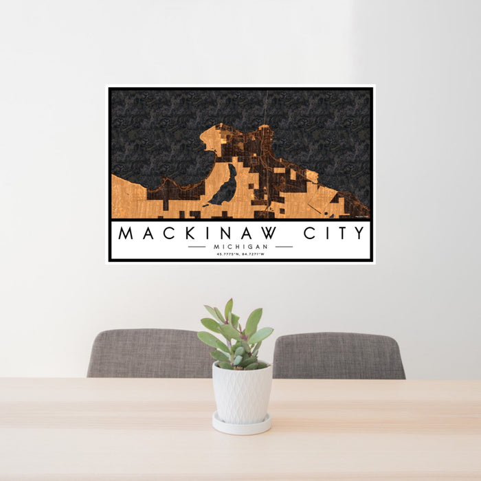 24x36 Mackinaw City Michigan Map Print Lanscape Orientation in Ember Style Behind 2 Chairs Table and Potted Plant