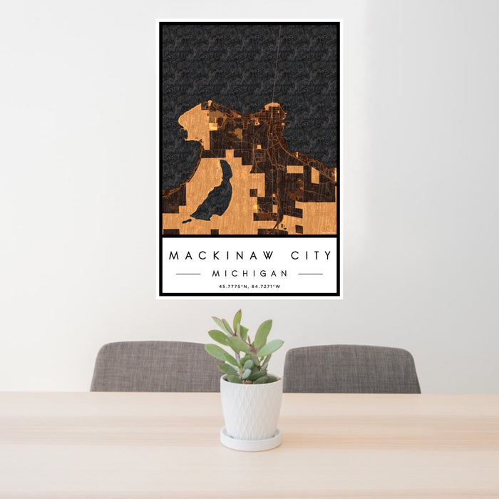 24x36 Mackinaw City Michigan Map Print Portrait Orientation in Ember Style Behind 2 Chairs Table and Potted Plant