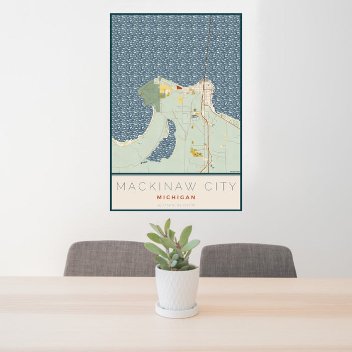 24x36 Mackinaw City Michigan Map Print Portrait Orientation in Woodblock Style Behind 2 Chairs Table and Potted Plant