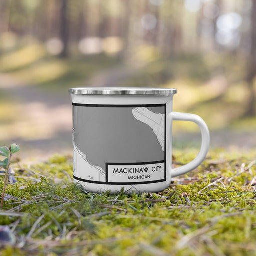 Right View Custom Mackinaw City Michigan Map Enamel Mug in Classic on Grass With Trees in Background