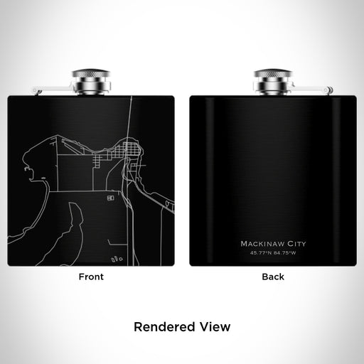 Rendered View of Mackinaw City Michigan Map Engraving on 6oz Stainless Steel Flask in Black