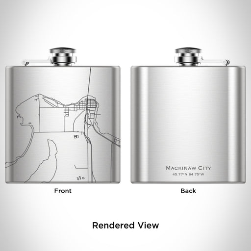 Rendered View of Mackinaw City Michigan Map Engraving on 6oz Stainless Steel Flask