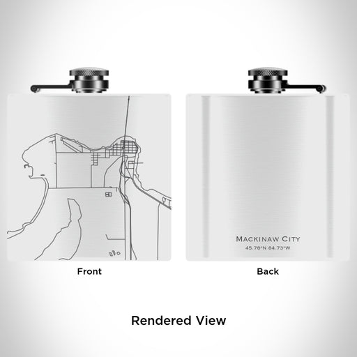 Rendered View of Mackinaw City Michigan Map Engraving on 6oz Stainless Steel Flask in White