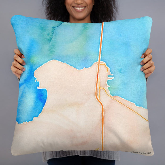 Person holding 22x22 Custom Mackinaw City Michigan Map Throw Pillow in Watercolor
