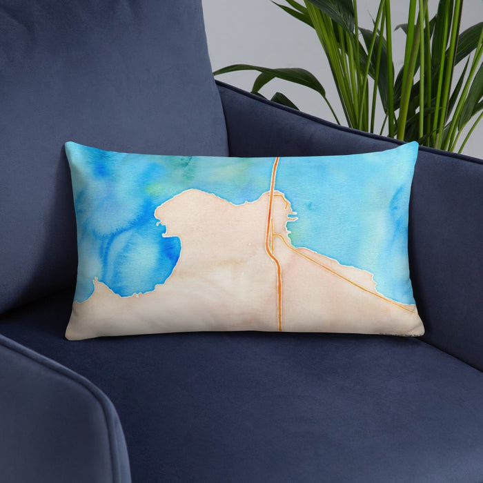 Custom Mackinaw City Michigan Map Throw Pillow in Watercolor on Blue Colored Chair