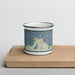 Front View Custom Mackinaw City Michigan Map Enamel Mug in Woodblock on Cutting Board